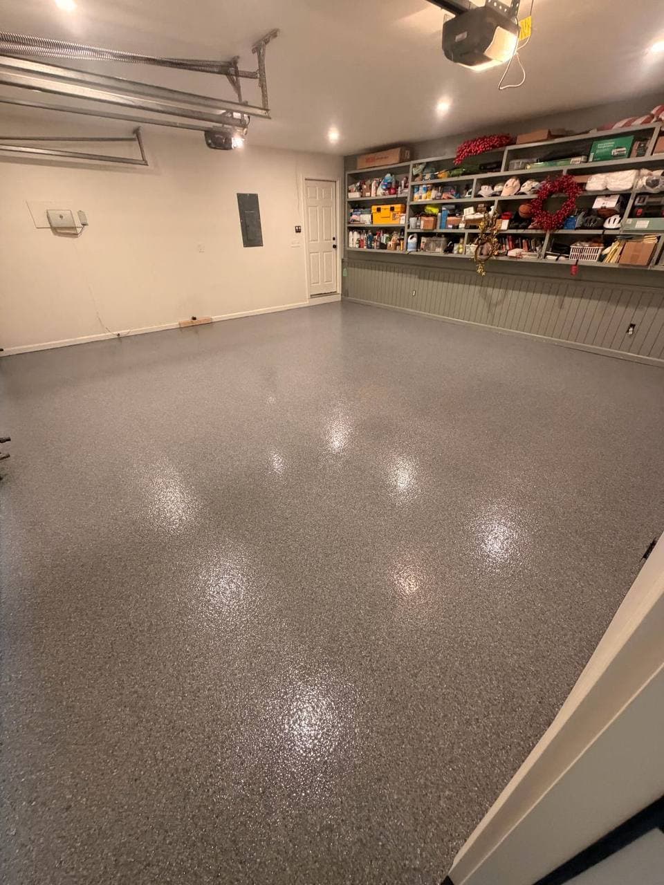 Finished garage epoxy floor — wide view